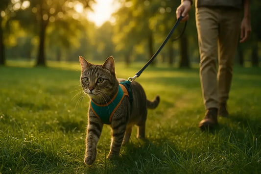 a cat walking on a leash in a park on a sunny day