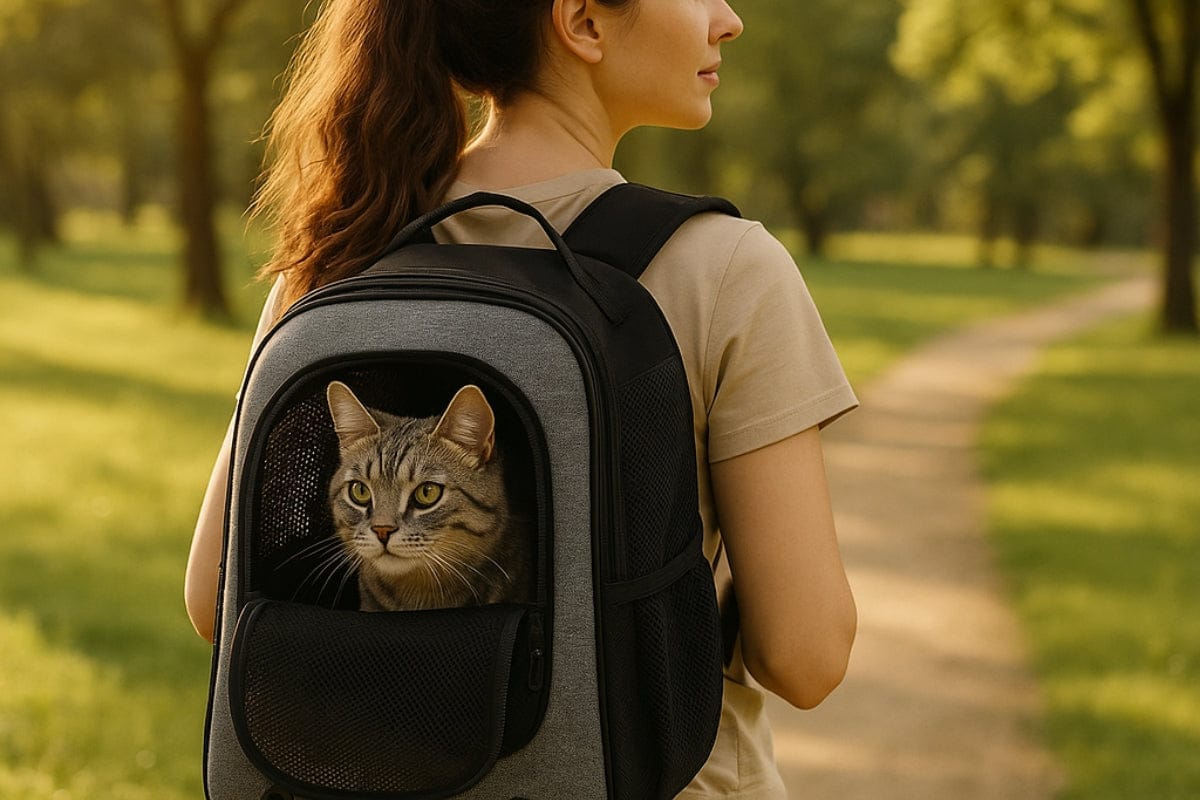a cat in a cat backpack in a sunny park
